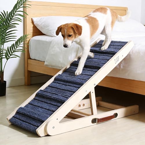 ZJSF Foldable Dog Ramp for High Bed, 32" L | Wooden Dog Stairs, for Small and Large Dogs, High Traction Platform, 4 Adjustable Heights (14.7"-20"), Supports up to 200 lbs - size: 32"L X 13.5"W