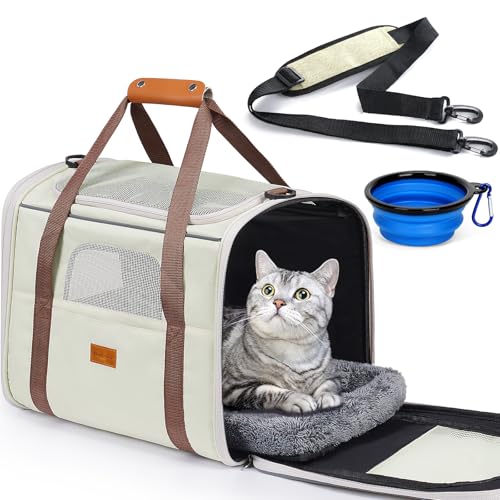 Morpilot Cat Carrier - Soft Sided Cat Carrier Large for Big Medium Cats and Puppy up to 18lbs, Pet Carrier with Safety Zippers, Foldable Bowl, Airline Approved Large Dog Carrier - Beige - color: Beige, size: 17.3"L x 12.2"W x 13.4"H