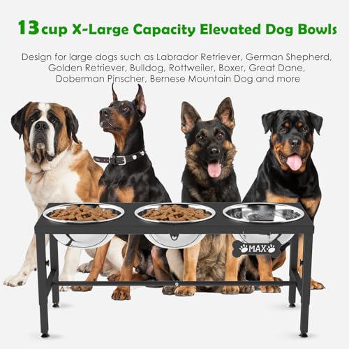 SHAINFUN Elevated Dog Bowl Stand for Large Dogs& Extra Large Dogs with 3 Bowls 101oz– 4 Adjustable Height Raised Pet Feeder with Anti-Spill Mat, Stainless Steel Food & Water Station - color: Black-3L-Three
