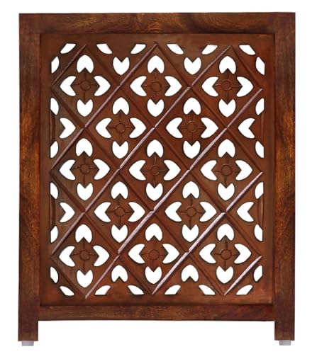Wooden Foldable Pet Dog Safety Gate - 4 Panels Lattice 20 W x 24 H - Hand Carved Solid Wood & MDF - Free Standing Portable Indoor Doorway Hall Stairs Puppy Fence - Assembled - Antique Brown - IRONGATE