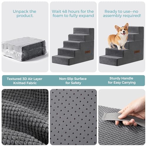 Dog Stairs, Steps and Ramp for High Bed & Sofa, 13-24" H Detachable Pet Stairs for Small Medium Dogs, Sturdy 40D Foam, Non-Slip, Washable Cover with Lint Roller, Grey