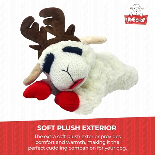 Multipet Lamb Chop Dog Plush Toy w/ Holiday Antlers - Squeaky Toy for All Dogs - Extra Soft Plush - Stuffed Animal for Cuddling & Playing (6”, Cream/Brown) - size: 6", style: Holiday Antlers