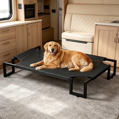 Elevated Dog Bed,Raised Outdoor Dog Bed for Large Sized Dogs,Waterproof Cooling Dog Cot with Washable Breathable Teslin Mesh,Indoor Pet Bed with Heavy Duty Frame,No-Slip Feet,Black 125×85×21cm - size: XL 125L×85W×22H cm