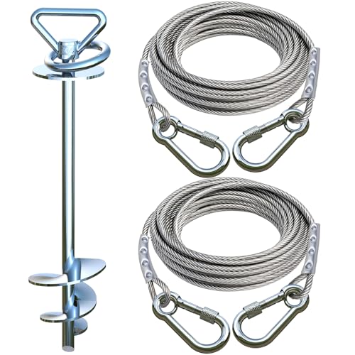 Dog Tie Out Cable and Stake for Camping,with 2x20FT Heavy Duty Cables(up to 200lbs),360°Swivel Dog Run Anchor- No Tangle,Dog Runner for Yard -Ideal for Outdoor Camping - size: dog stake+2pcs 20ft Cable