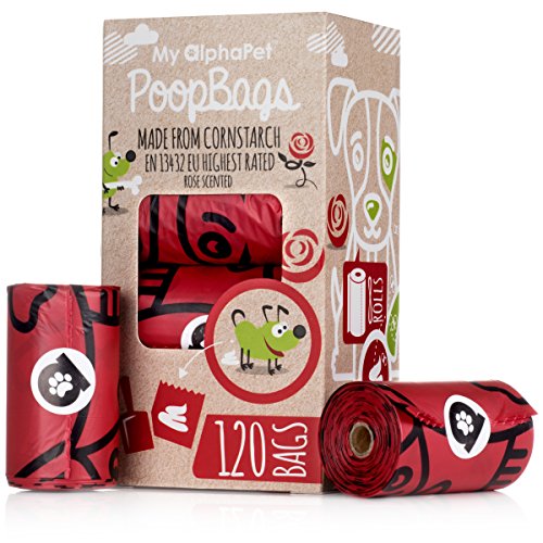Compostable Dog Poop Bags, Cornstarch Eco-Friendly, HOME COMPOST NF T 51-800, 120 Count, Large Size Bag 9x13 Inches, 8 Unscented Refill Rolls, Leak-proof, Plantbased, GM-Free Corn (Red) - color: Rose Scented, size: 1 Count (Pack of 120)