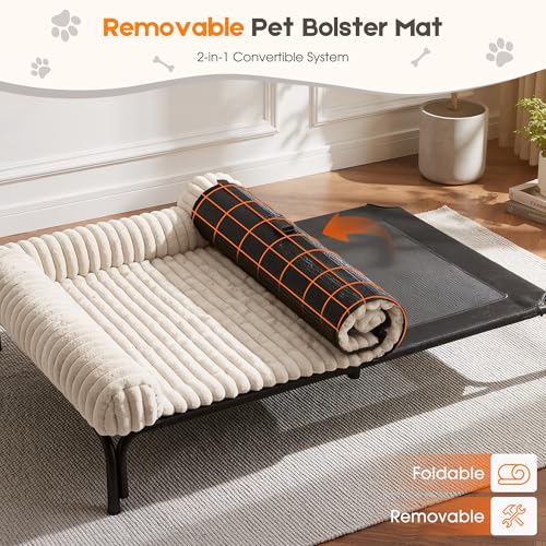 Elevated Dog Bed with Removable Fluffy Pillow Cushion, Raised Pet Cot Washable Bolster, Dog Couch Sofa, Anti Slip Feet, Breathable Mesh, Cream, 49"×36" - color: cream, size: XL(49"×36"×8")