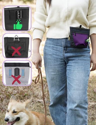 Gobeigo Dog Treat Pouch and Training Clicker, Upgrade Two Magnetic Closure to Prevent Spills, 2 Cup Treat Bag with Poop Bag Dispenser, Metal Clip Waist Belt Fanny Pack for Pet Walk (Black/Purple) - color: E-Black/Purple