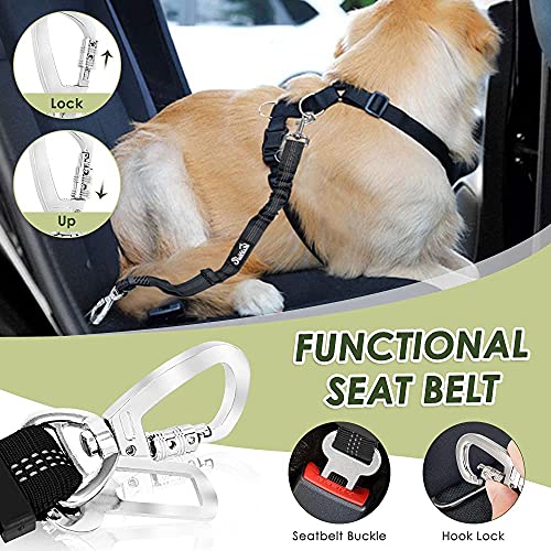 SlowTon Dog Seatbelt, 2 Pack Dog Seat Belt Car Leash Adjustable Elastic Bungee Buffer Heavy Duty Nylon Reflective Pet Safety Tether Connect to Dog Harness for Travel Riding in Vehicle (Daul Clip, B) - color: Black