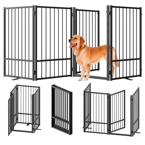 SNUOWU Full Metal Freestanding Dog Gate with Door, 36''Height Foldable Pet Dog Fence for Indoor & Outdoor, 4 Panels Extra Wide Free Standing TallDog Gates for Doorways,House,Stairs,Porch,Deck,Yard - color: Black, size: 【4 Panels】80"W*36H"