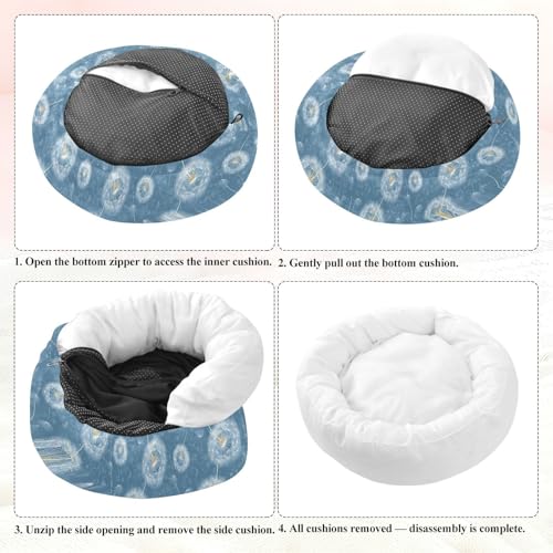 Calming Donut Dog Bed Blue Dandelions Seed Design, 22" Washable Pet Lounger with Removable Cover, Cozy Cushion Comfort Nest for Medium Dogs - size: Medium