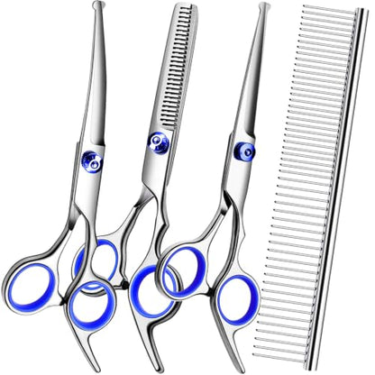 Dog Grooming Scissors Kit, Premium Stainless Steel Dog Shears with Curved Shears, Sharp Durable for Dogs Cats+Blue 4 Piece - color: Blue 4 Piece