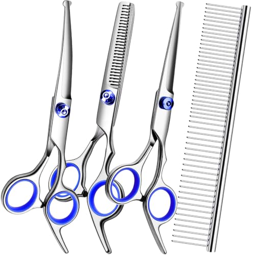 Dog Grooming Scissors Kit, Premium Stainless Steel Dog Shears with Curved Shears, Sharp Durable for Dogs Cats+Blue 4 Piece - color: Blue 4 Piece