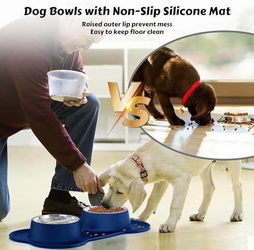 AsFrost Dog Food Bowls Stainless Steel Dog Bowls, Food Water Bowl Set with No Spill Non-Skid Silicone Mat, Dog Dish Double Pet Feeder Bowls for Small Medium Sized Large Dogs Cats Puppy, Blue - color: BLUE, size: 4¾ Cup/38 oz each