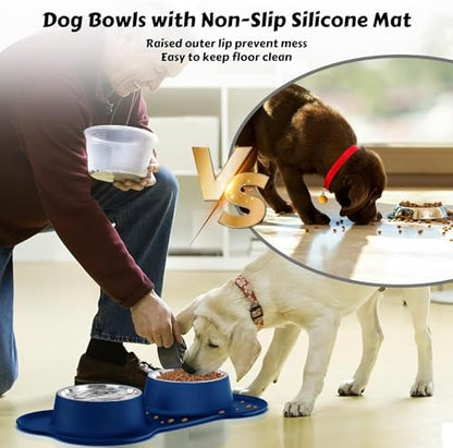 AsFrost Dog Food Bowls Stainless Steel Dog Bowls, Food Water Bowl Set with No Spill Non-Skid Silicone Mat, Dog Dish Double Pet Feeder Bowls for Small Medium Sized Large Dogs Cats Puppy, Blue - color: BLUE, size: 4¾ Cup/38 oz each