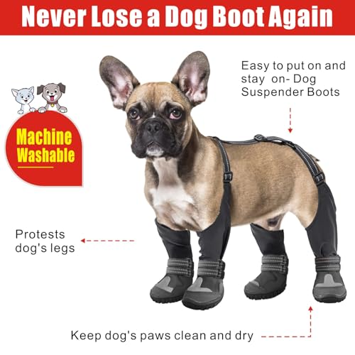 Idepet Dog Suspender Boots, Tall Dog Boots Anti-Slip & Fall Waterproof Shoes Leggings, Adjustable Suspender Boots for Winter Snow Rain Hiking Paws Protector (1, Black) - size: 1