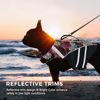 Dog Life Jacket, French Bulldog Life Vest for Swimming Boating, Dog Swim Vest with Chin Float and Rescue Handle, High Flotation Puppy Life Jackets (Chest Girth: 17" to 30", Weight: 17" to 28" LB) - color: Flower+Pink