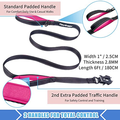Strong Heavy Duty Dog Leash - 6ft Reflective Nylon Training Leash with Soft Padded Double Handle & Auto Lock Frog Clip - Safety Traffic Control for Large Medium Small Dogs No Pull Walk Black Pink,6ft - color: Black Pink, size: 6FT x 1" x 2.8MM