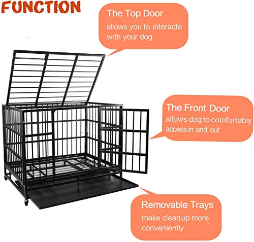 LEMBERI 42 Inch Heavy Duty Indestructible Dog Crate, High Capacity Escape Proof Double Door Kennel with Lockable Wheels, 35" Tall Medium Dog Cage with 0.8" Steel Tubes, Removable Tray, Black - color: Black, size: 42.5"L x 29.9"W x 34.5"H