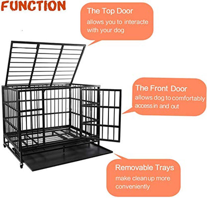 LEMBERI 42 Inch Heavy Duty Indestructible Dog Crate, High Capacity Escape Proof Double Door Kennel with Lockable Wheels, 35" Tall Medium Dog Cage with 0.8" Steel Tubes, Removable Tray, Black - color: Black, size: 42.5"L x 29.9"W x 34.5"H