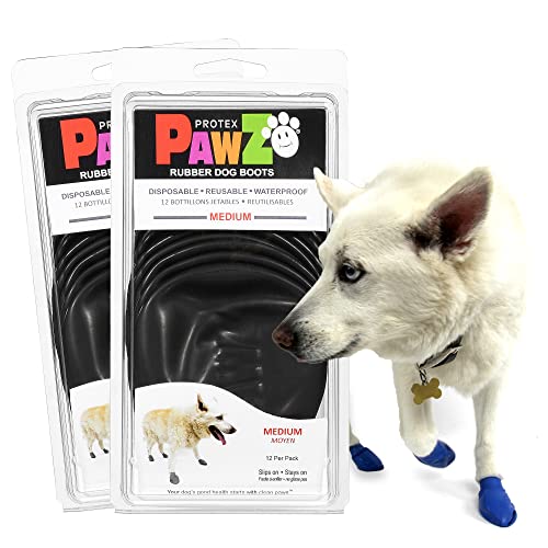 PawZ Rubber Dog Boots for Medium Paws - All-Weather Waterproof Dog Shoes, Anti-Slip Traction for Rain, Snow, Mud & Hot Pavement - Pull-On Dog Booties, Black - Medium (2.5" - 3") - Pack of 24 - size: M