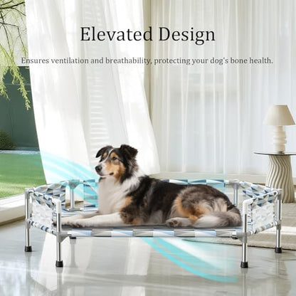 Elevated Dog Bed with Guardrail, Cooling Outdoor Pet Cot with 5-Sided Fence，Raised Dog Cot with 6-Metal Frame - size: Fence M