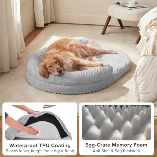 JOEJOY XL Orthopedic Dog Beds Large Sized Dog, Extra Large Washable Waterproof Oval Large Dog Bed with Removable Cover, Egg-Crate Foam Pet Bed with Bolster & Non-Skid Bottom, Light Grey, 42''x31'' - color: Light grey, size: XL(42"x 32"x 7")