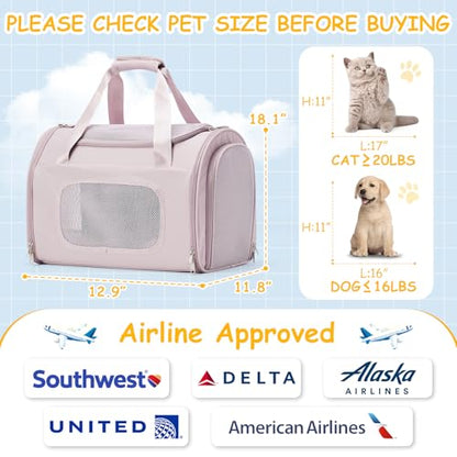 Cat Carrier Soft, Pet Dog Carrier Soft-Sided Airline Approved, Pet Travel Carrier Up to 20lbs, Collapsible Cat Carrier Dog Carrier for Medium Cats Small Dogs, Pink - color: Pink