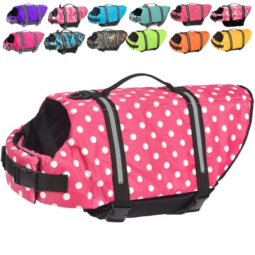 Doglay Dog Life Jacket with Rescue Handle, Dog Life Vest for Swimming Boating, Adjustable Reflective Puppy Swim Vest with Superior Buoyancy for Small Medium Large Dogs - color: pink dot, size: XX-Small