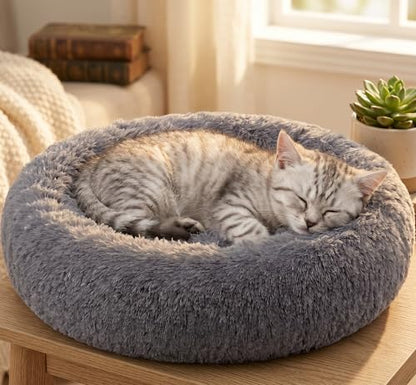 SAVFOX 20 inches Calming Donut Dog Bed - 3X Durable Plush Faux Fur, Machine Washable & Non-Slip, Fits up to 15 lbs, Dark Grey - color: Dark Grey, size: X-Small | 20"x20"