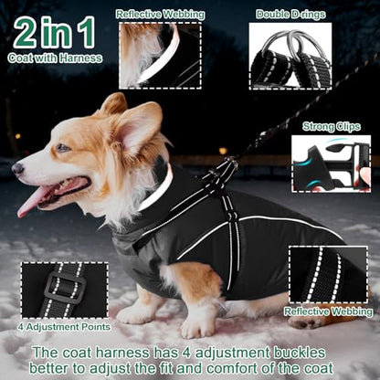 Fragralley Dog Coat with Harness Built in, Waterproof Windproof Reflective Warm Puffer Jacket, Fleece Lined Vest Winter Parka for Small, Medium, Large Dogs - color: Black, size: Large