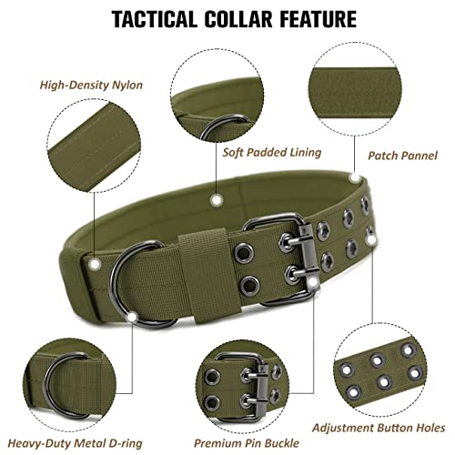 Tactical Dog Collar Military Adjustable Dog Collars Soft Nylon Training Collar with Patch Heavy Duty Metal Buckle Collars for Medium Large Dogs (Green, L) - color: Green, size: L