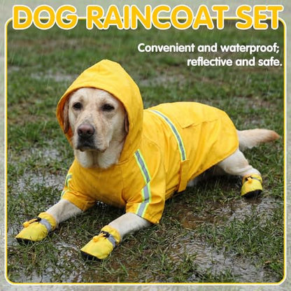 3 Pcs Dog Raincoat Shoes and Leash Set with Reflective Strip Yellow Adjustable Waterproof Rain Jacket Coat Poncho Hoodies for Small Medium Dogs Pets Walking