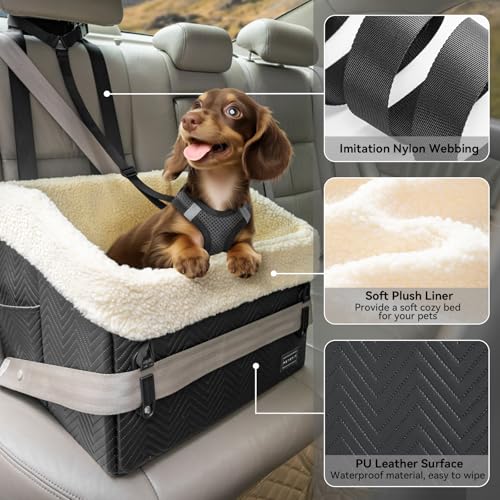 PETSFIT Small Dog Car Seat, Waterproof PU Leather Dog Booster Car Seat with Patented Safe Buckles, Detachable Washable Cushion, 2 Storage Pockets, Dog Car Seat Medium Sized Dog up to 30 lbs (Black) - color: Black