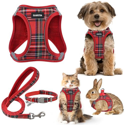 GAMUDA Small Dog Harness Collar and Leash Set, Step in No Chock No Pull Soft Mesh Adjustable Dog Vest Harnesses Plaid Reflective for Dogs Puppy Cats Kitten Rabbit (Red, XXXS) - color: Red, size: XXXS