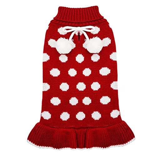 KYEESE Dog Sweater Dress with Leash Hole Small Turtleneck for Girl Dog Sweater Dress Polka Dot Knit Warm Puppy Sweaters with Pom Pom Ball - color: 04# Polkadot (Red), size: X-Small (2-3lbs)