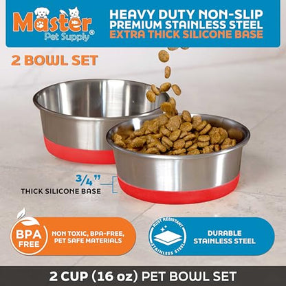 Master Pet Supply Stainless Steel Dog Bowls Set of 2 with Extra Thick Silicone Base - 2 Cup (16 oz) Crimson Red, Non-Slip, Dishwasher Safe Metal Bowls, Pet Dog Food Bowl for Dogs, Cats, Anti Rust - color: Crimson Red, size: 2 Cups (16 oz) 2 Pack