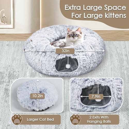 Cat Tunnel Bed for Indoor Cats, Peekaboo Cat Cave with Washable Soft Play Mat, Furry Cat Tube, for Kitten/Puppy/Rabbit, Grey - color: Grey
