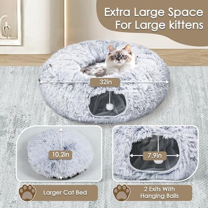 Cat Tunnel Bed for Indoor Cats, Peekaboo Cat Cave with Washable Soft Play Mat, Furry Cat Tube, for Kitten/Puppy/Rabbit, Grey - color: Grey