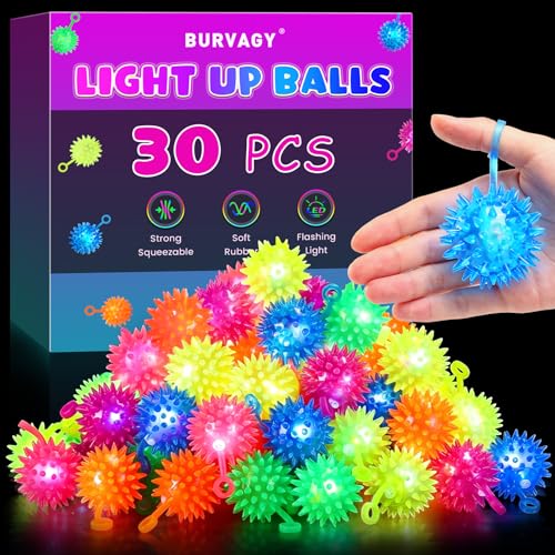 BURVAGY 30 Pcs Light up Ball, Spiky Balls Glow in The Dark Bouncy Balls Indoor Outdoor Games Party Favors Glow Ball for Children Teens Adults - color: 30p