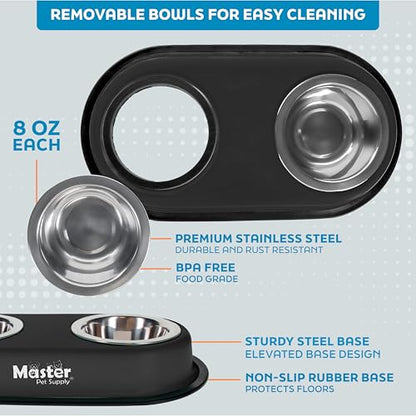 Master Pet Supply Double Dog Bowls Set with Elevated Base and 2 (8 oz) Stainless Steel Removable Dishes (Black Velvet) – Double Cat Food Water Bowl, Dog Puppy Food Bowl Set, Rust Resistant - color: Black Velvet