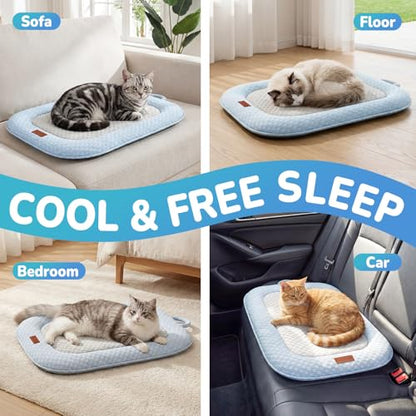 Summer Cat Cooling Mat - Cooling Cat Bed for Cats or Small Dogs, Cat Summer Sleeping Beds Soft and Comfortable Washable Non-Slip Bottom - color: Light Blue and Light Gray