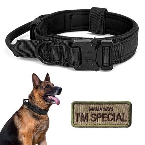 Tactical Dog Collar with Handle - Military Adjustable Dog Training Collar Soft Nylon and Heavy Duty Metal Buckle for Medium Large Dogs - with Patch (Black, Medium) - color: Black, size: Medium