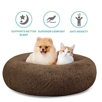 SAVFOX 20 inches Calming Donut Dog Bed - 3X Durable Plush Faux Fur, Machine Washable & Non-Slip, Fits up to 15 lbs, Brown - color: Brown, size: X-Small | 20"x20"