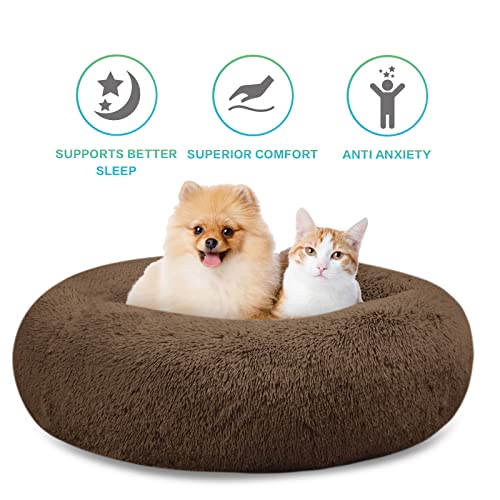 SAVFOX 45 inches Calming Donut Dog Bed - 3X Durable Plush Faux Fur, Machine Washable & Non-Slip, Fits up to 150 lbs, Brown - color: Brown, size: X-Large | 45"x45"