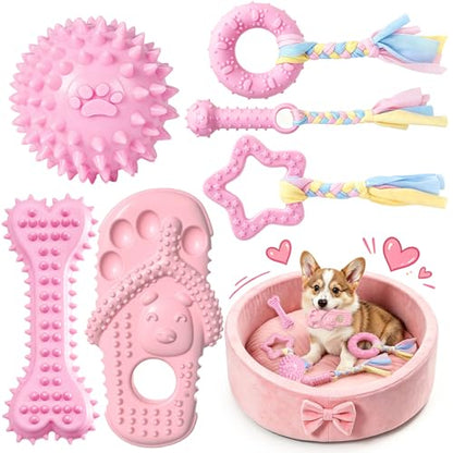 Puppy Chew Toys 6 Pack for Small Dogs, Teething Toys for Puppy Easy Clean Rubber Bone Star Stick Donut Slipper Spiky Ball Set for Small Breed Teething Relief (Dogbed not Included)