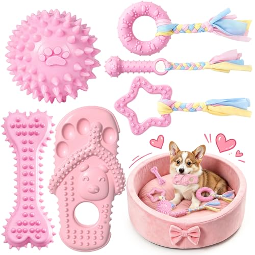 Puppy Chew Toys 6 Pack for Small Dogs, Teething Toys for Puppy Easy Clean Rubber Bone Star Stick Donut Slipper Spiky Ball Set for Small Breed Teething Relief (Dogbed not Included)