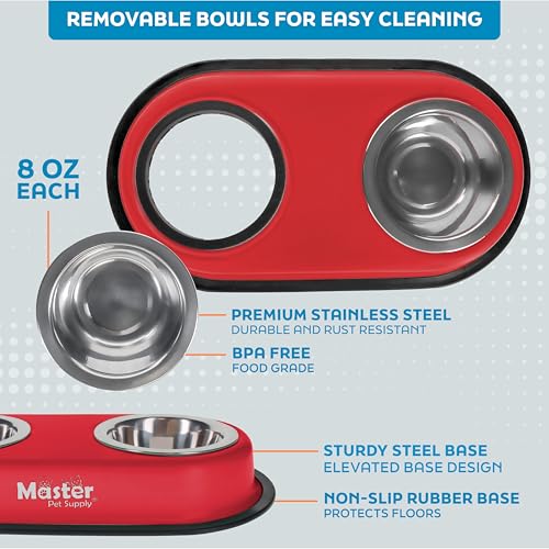 Master Pet Supply Double Dog Bowls Set with Elevated Base and 2 (8 oz) Stainless Steel Removable Dishes (Crimson Flame) – Double Cat Food Water Bowl, Dog Puppy Food Bowl Set, Rust Resistant - color: Crimson Flame