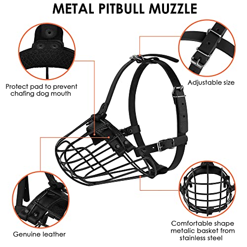 Pitbull Dog Muzzle Metal Mask Amstaff Secure Wire Basket Adjustable Durable Leather Straps for Large Dogs (Black) - color: Black