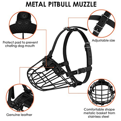 Pitbull Dog Muzzle Metal Mask Amstaff Secure Wire Basket Adjustable Durable Leather Straps for Large Dogs (Black) - color: Black