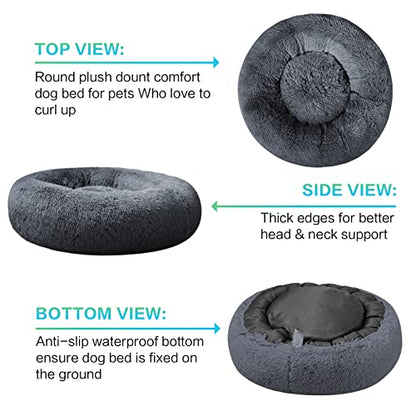 SAVFOX 23 inches Calming Donut Dog Bed - 3X Durable Plush Faux Fur, Machine Washable & Non-Slip, Fits up to 25 lbs, Dark Grey - color: Dark Grey, size: Small | 23"x23"